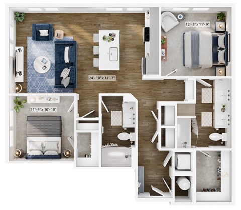 Floor plan for 2 beds, 2 baths, 1073 sqft